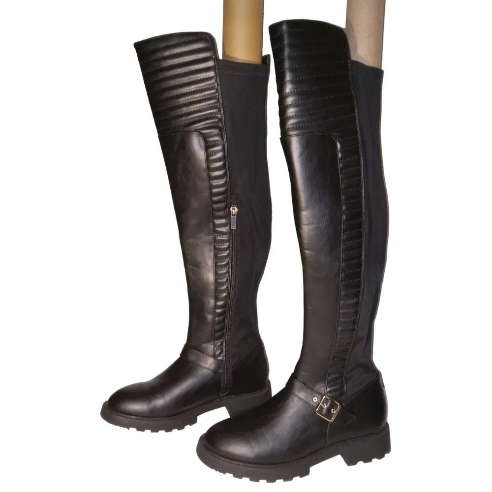 Urmi Riding Boots Buckle Black Faux-Leather size 7.5 7-½